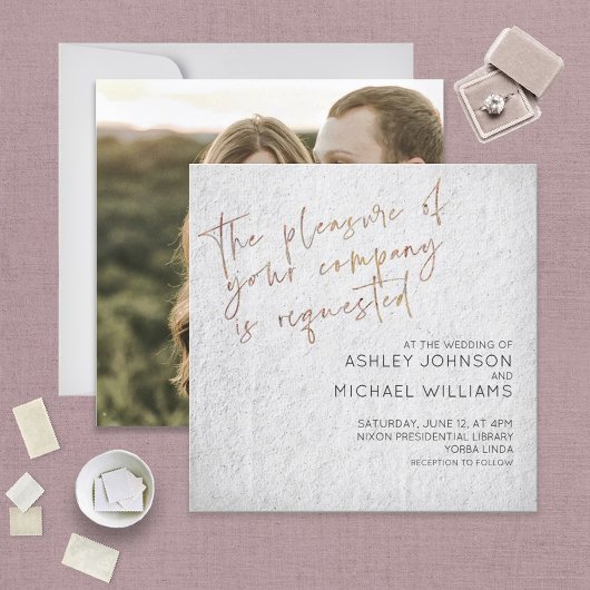 黒ミニマル白金ゴールドスクリプトフォト結婚ズ 招待状