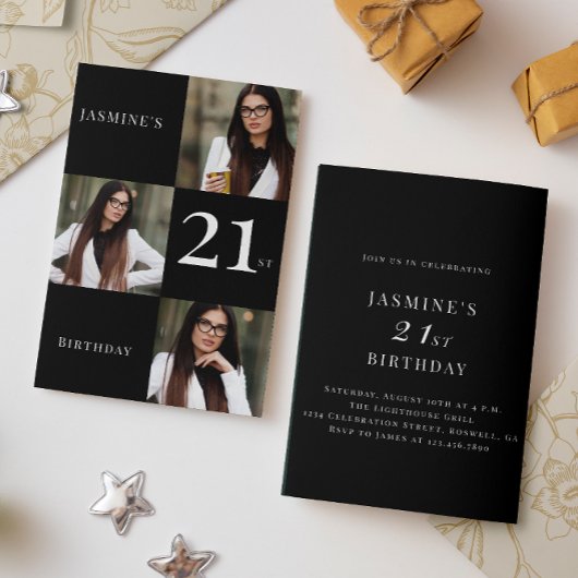 黒ミニマル白3枚の写真21歳の誕生日 招待状