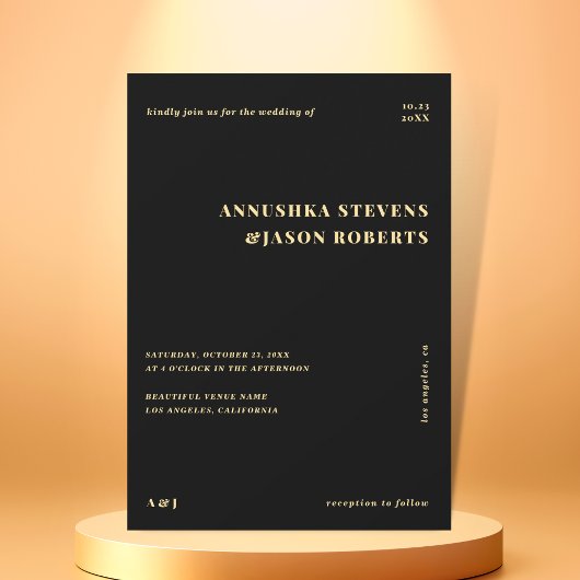 黒ミニマル色と金ゴールド幾何学色あせた写結婚真 招待状