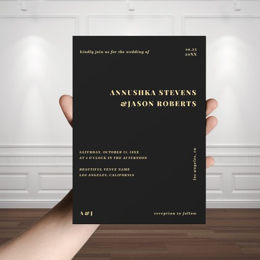 黒ミニマル色と金ゴールド幾何学色あせた写結婚真 招待状