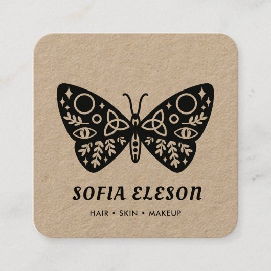 黒ミニマル蝶の毛&メイクアップ素朴工芸 スクエア名刺 (正面)