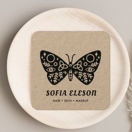 黒ミニマル蝶の毛&メイクアップ素朴工芸 スクエア名刺