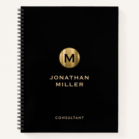 黒ミニマル金ゴールドブラシ仕上げ金属モノグラム ノートブック (正面)