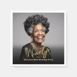 黒ミニマル金ゴールドモダン写真90誕生日 スタンダードカクテルナプキン
