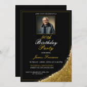 黒ミニマル&金ゴールド写真90誕生日 招待状 (正面/裏面)