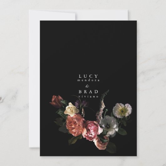 黒ムーディウエディング招待 | 劇的な花模様 招待状 (裏面)
