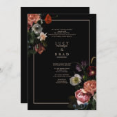 黒ムーディウエディング招待 | 劇的な花模様 招待状 (正面/裏面)