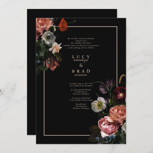黒ムーディウエディング招待 | 劇的な花模様 招待状 (正面/裏面)