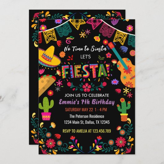 黒メキシカン誕生日パーティーFiesta, No Siesta 招待状 (正面/裏面)