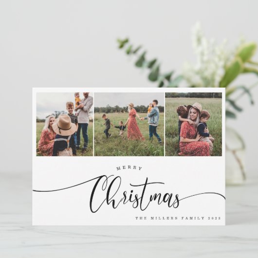 黒メリー書モダン書クリスマス3写真 シーズンカード (スタンド正面)