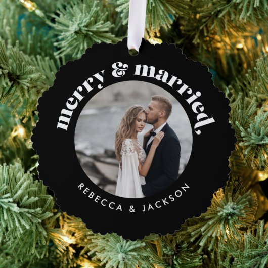 黒メリー結婚したの結婚写真クリスマス オーナメントカード (インサイチュ (木))