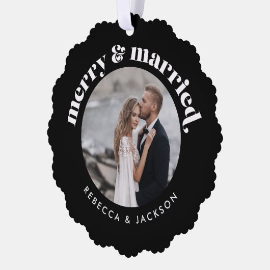 黒メリー結婚したの結婚写真クリスマス オーナメントカード (左)
