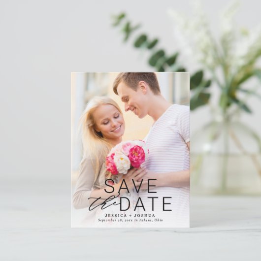 黒モダンいオーバーレイのフルフォトデートを保存 ポストカード (スタンド正面)