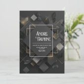 黒モダンいジオメトリック(金ゴールドアクセント付き結婚) 招待状 (スタンド正面)