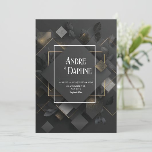 黒モダンいジオメトリック(金ゴールドアクセント付き結婚) 招待状 (スタンド正面)