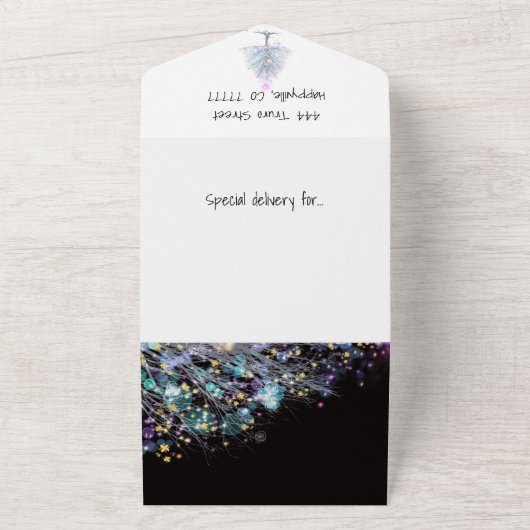 黒モダンいティール（緑がかった色）とラベンダーのクルスマスの木 オールインワン招待状 (外側)