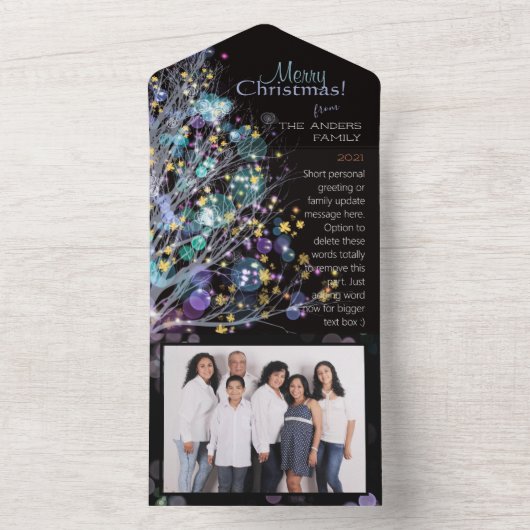 黒モダンいティール（緑がかった色）とラベンダーのクルスマスの木 オールインワン招待状 (内側)