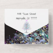 黒モダンいティール（緑がかった色）とラベンダーのクルスマスの木 オールインワン招待状 (裏面)