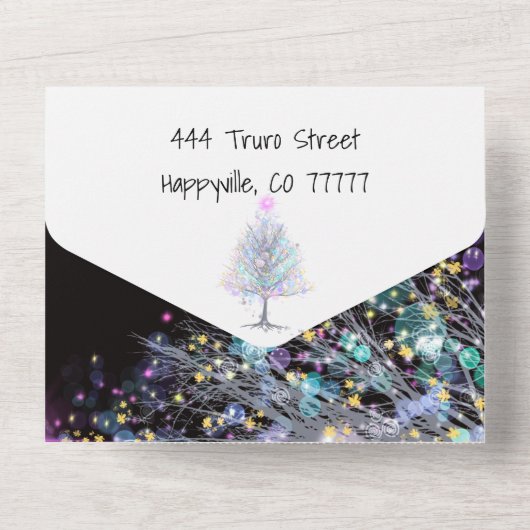 黒モダンいティール（緑がかった色）とラベンダーのクルスマスの木 オールインワン招待状 (裏面)