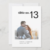 黒モダンい横向き写真結婚のテーブル番号 招待状 (正面)