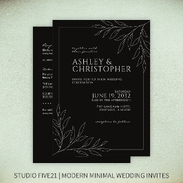 黒モダンい葉のアウトライン結婚All-in-One 招待状