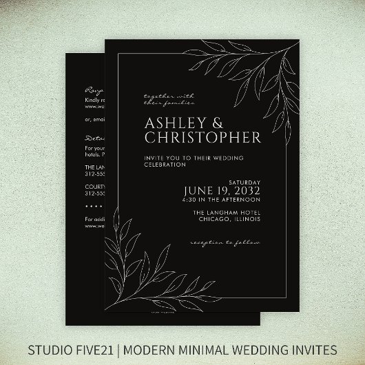 黒モダンい葉のアウトライン結婚All-in-One 招待状