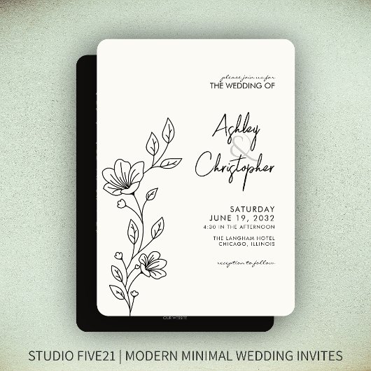 黒モダンい葉のアウトライン結婚All-in-One 招待状