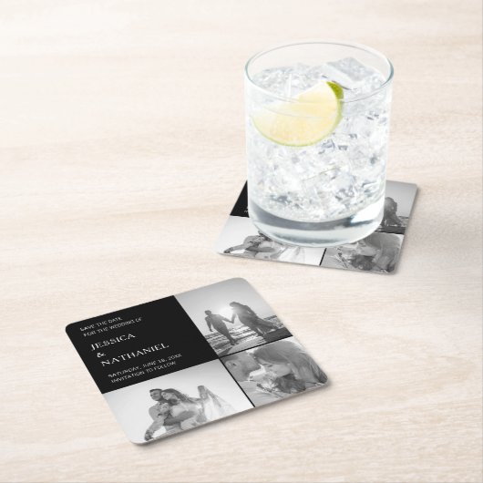 黒モダンい3つの写真コラージュ日付を保存 スクエアペーパーコースター (インサイチュ)