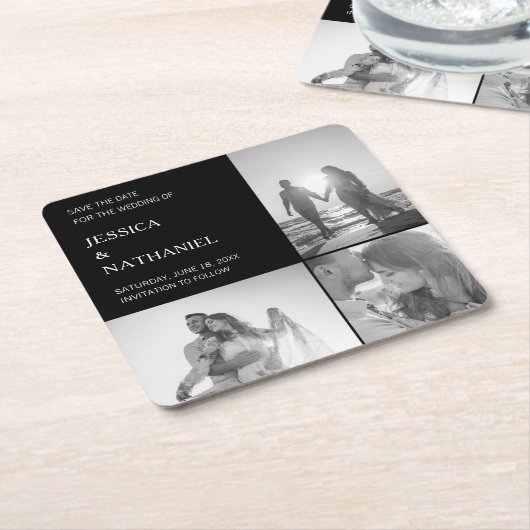 黒モダンい3つの写真コラージュ日付を保存 スクエアペーパーコースター (アングル)