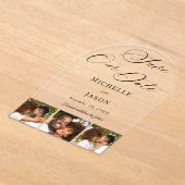 黒モダンい3フォトストリップ結婚式の日付を保存 アクリル招待状 (レイダウン)