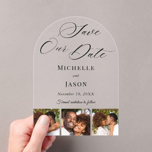 黒モダンい3フォトストリップ結婚式の日付を保存 アクリル招待状 (インサイチュ (ポータブル))