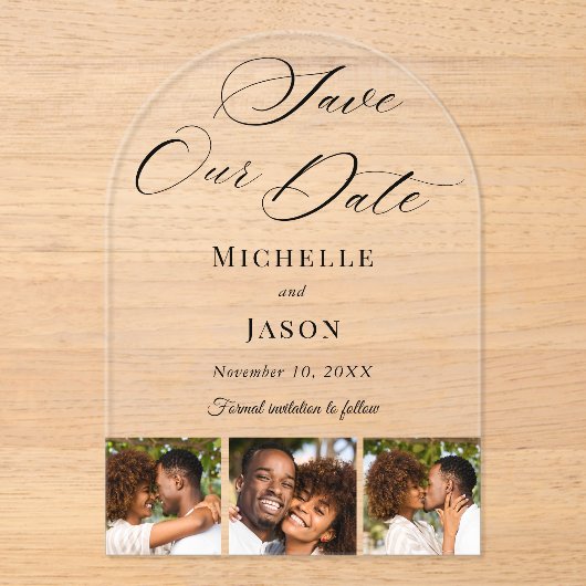 黒モダンい3フォトストリップ結婚式の日付を保存 アクリル招待状 (正面)