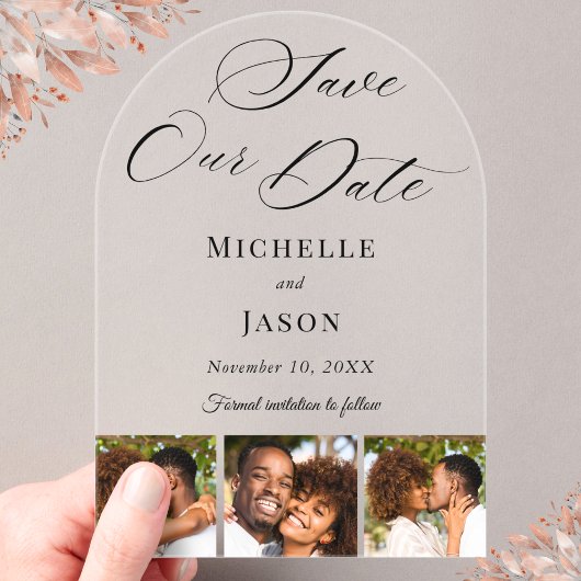 黒モダンい3フォトストリップ結婚式の日付を保存 アクリル招待状