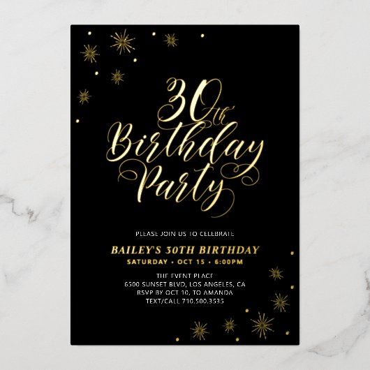 黒モダンい30歳の誕生日パーティー実在 箔招待状 (正面)