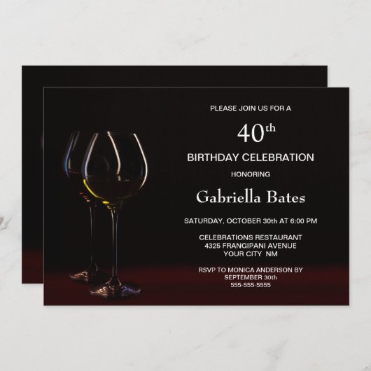 黒モダンい40th誕生日ワイングラスパーティー 招待状 (正面/裏面)