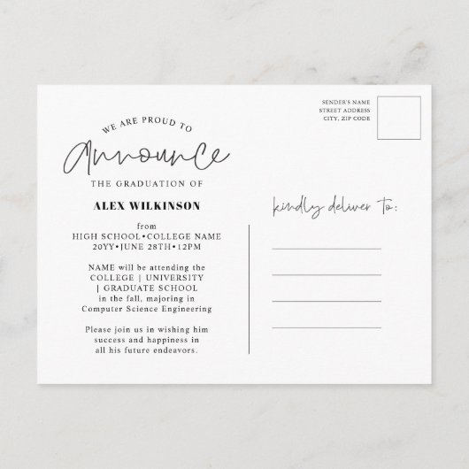 黒モダンおもしろいスクリプシンプルト写真卒業 案内ポストカード (裏面)