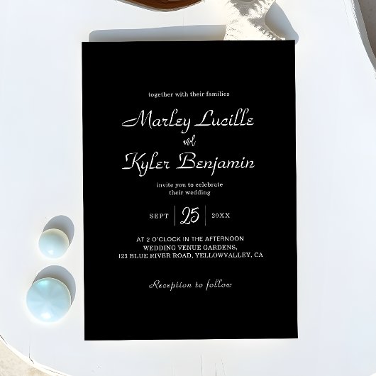 黒モダンお洒落のロマン結婚ク文字 招待状