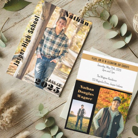 黒モダンお洒落金ゴールド卒業写真の名前 招待状