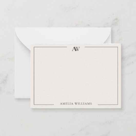 黒モダンとアイボリーミニマリストのモノグエレガントラム ノートカード (正面)