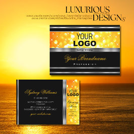 黒モダンとオレンジのグリッターロゴシルバー縁ど 名刺