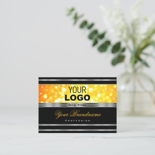 黒モダンとオレンジのグリッターロゴシルバー縁ど 名刺 (スタンド正面)
