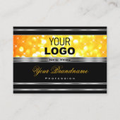 黒モダンとオレンジのグリッターロゴシルバー縁ど 名刺 (正面)