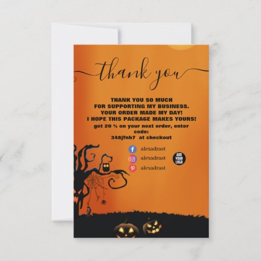 黒モダンとオレンジのハロウィーン サンキューカード (正面)