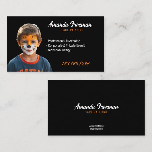 黒モダンとオレンジのピエロ顔絵を描ズ 名刺 (正面/裏面)