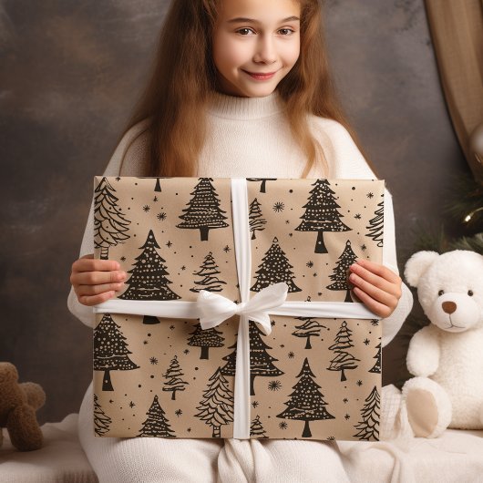 黒モダンとクリームのクリスマスツリー ラッピングペーパー