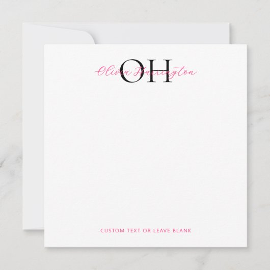 黒モダンとピンクのスクリプクラシックト正方形 ノートカード (正面)