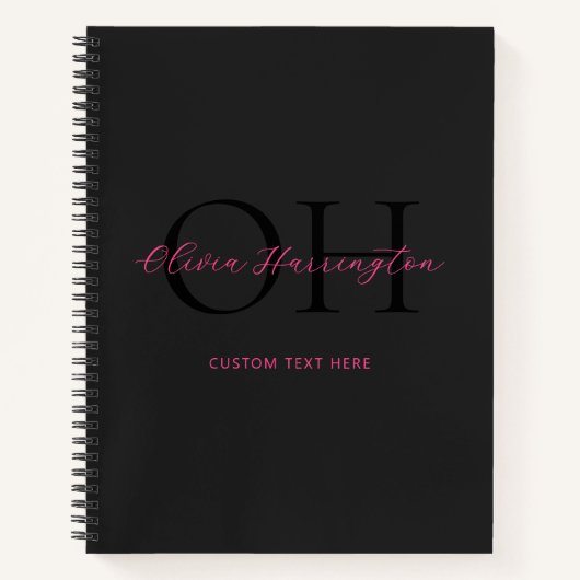 黒モダンとピンクのスクリプトクラシックモノグラム ノートブック (正面)