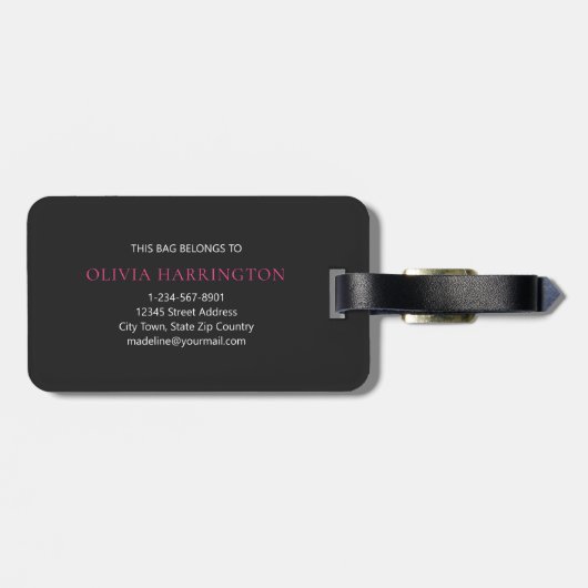 黒モダンとピンクのスクリプトクラシックモノグラム ラゲッジタグ (裏面横)