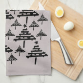 黒モダンとベージュのクリスマスツリーパターン キッチンタオル (四つ折り)