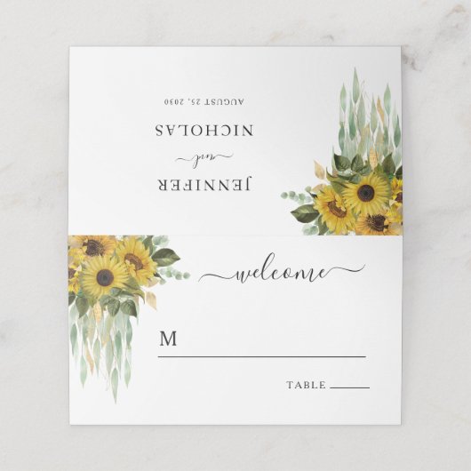 黒モダンと白のひまわり結婚の プレイスカード (外部開封)